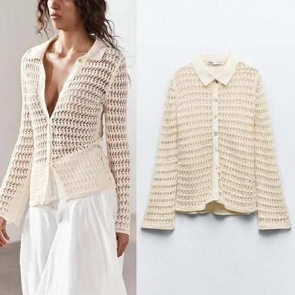 ZARA POINTELLE KNIT POLO CARDIGAN - Picture 1 of 7